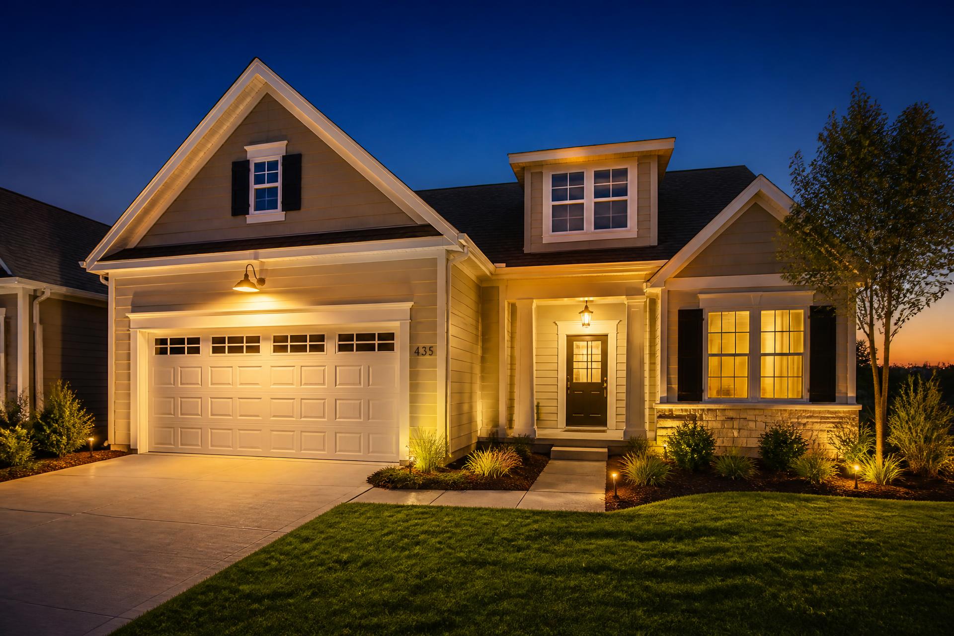 Renovated suburban home at dusk